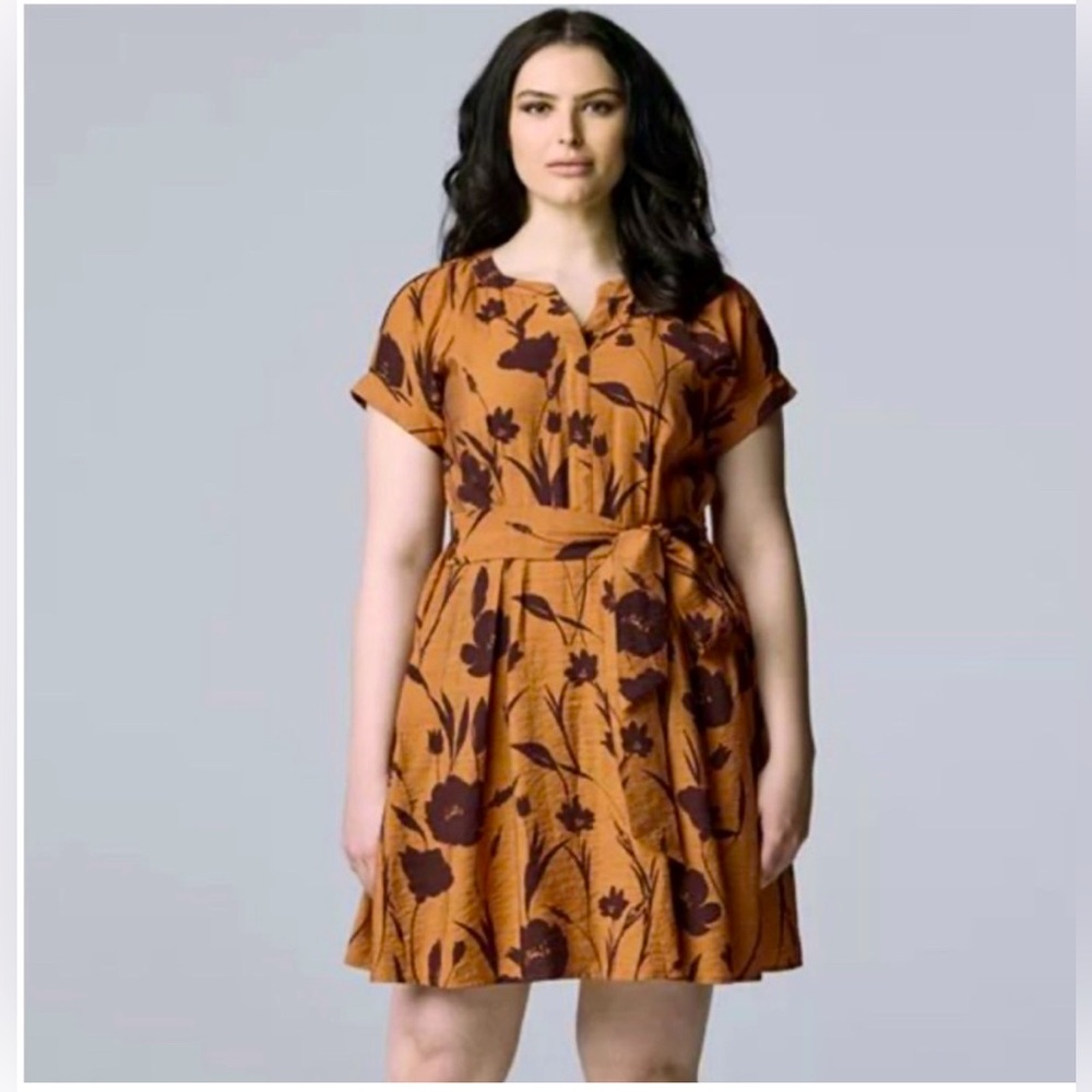 Simply Vera Wang Tie-Waist Shirt Mini Dress, rust/brown floral, Size M